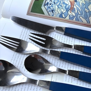 May include: A set of stainless steel silverware with navy blue handles. The set includes a knife, forks, and spoons, arranged on a book with an illustration of a swimming pool.