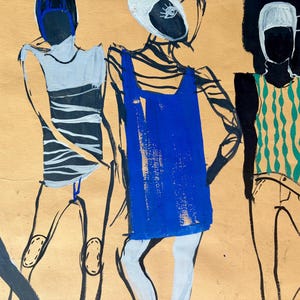 May include: An abstract painting featuring four figures in various outfits. The figures are depicted with bold lines and blocks of color, including blue, black, and green, against a gold background. The style is reminiscent of fashion illustration.