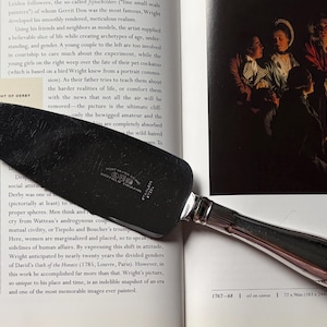 May include: A silver cake server with a wide, flat blade and a decorative handle. The blade has a dark, textured finish, and the handle is polished. The server rests on an open book with text and an image.