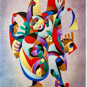 May include: Abstract art print featuring a colorful figure with a smiling face, rendered in a cubist style. The artwork uses a palette of red, yellow, blue, and green, with a textured background. Signed by A. Kolisnitsky.