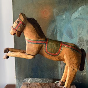 Vintage/Antique Wood Horse  Primitive Folk Art with Painted Decorative Elements.