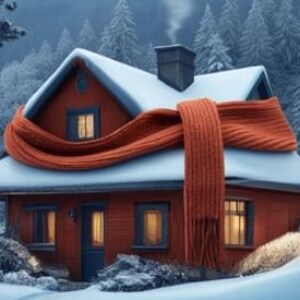 以下が含まれることがあります： 雪に覆われた森の中にある赤い家。大きなオレンジ色のスカーフが巻かれています。家には雪で覆われた屋根と明かりの灯った窓があり、煙突からは煙が出ています。暖かさと冬の快適さを連想させるシーンです。