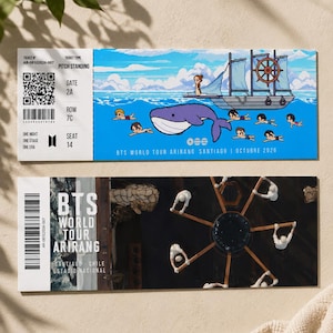 以下が含まれることがあります： 2026年10月サンティアゴ開催のBTSワールドツアー「アリラン」の長方形チケット2枚。上のチケットは船、紫色のクジラ、泳ぐ人々のピクセルアート。下のチケットはツアータイトルと円形のステージデザインが描かれています。