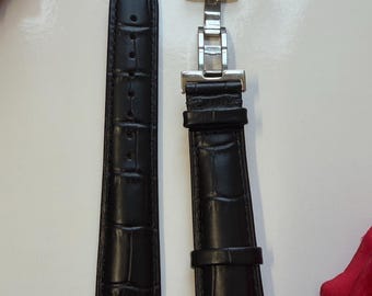 Black leather watch strap 20 mm for longies
