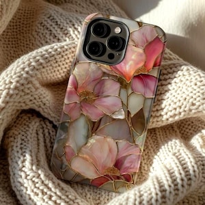 Blush Pink Floral Stained Glass Tough Phone Case with MagSafe, Luxury Romantic Flower Phone Case for iPhone 17 16 15 14 13 Cover
