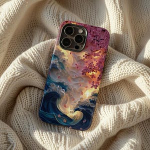 Cherry Blossom Wave Tough Phone Case with MagSafe, Luxury Japanese Ocean Art Phone Case for iPhone 17 16 15 14 13 Protective Cover