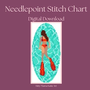 Puede incluir: Descarga digital del gráfico de punto de aguja. Una ilustración de una persona con un traje de baño rojo y aletas nadando en agua turquesa. La imagen está sobre un fondo morado oscuro. El texto "Kitty Mama Katie Art" está en la parte inferior.