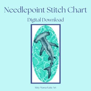 May include: A digital download of a needlepoint stitch chart. The chart features a hammerhead shark design in shades of blue and gray, set against a teal background within a rectangular frame. The text "Needlepoint Stitch Chart" and "Digital Download" are displayed at the top.