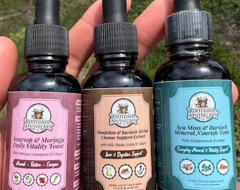 Paquete completo de bienestar herbal para todo el cuerpo, sin alcohol. Set de tinturas para desintoxicar, revitalizar, nutrir con minerales. Paquete de 3: guanábana, moringa, musgo marino y diente de león.