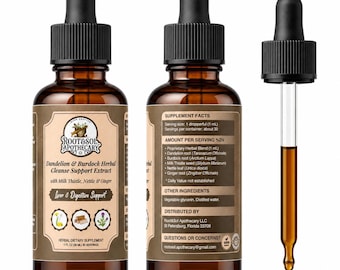 Puede incluir: Tres frascos de vidrio ámbar de extracto de hierbas con cuentagotas negros. La etiqueta dice "Dandelion & Burdock Herbal Cleanse Support Extract" con cardo mariano, ortiga y jengibre. Suplemento dietético a base de hierbas para el hígado y la digestión.
