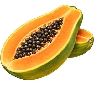 Puede incluir: Una papaya cortada por la mitad que muestra una pulpa de color naranja vibrante y una cavidad central llena de numerosas semillas peque&ntilde;as, redondas y de color marr&oacute;n oscuro. La piel exterior es lisa y verde claro, con otro trozo detr&aacute;s.