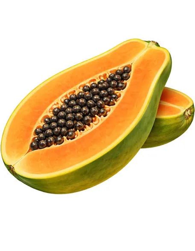 Puede incluir: Una papaya cortada por la mitad que muestra una pulpa de color naranja vibrante y una cavidad central llena de numerosas semillas peque&ntilde;as, redondas y de color marr&oacute;n oscuro. La piel exterior es lisa y verde claro, con otro trozo detr&aacute;s.