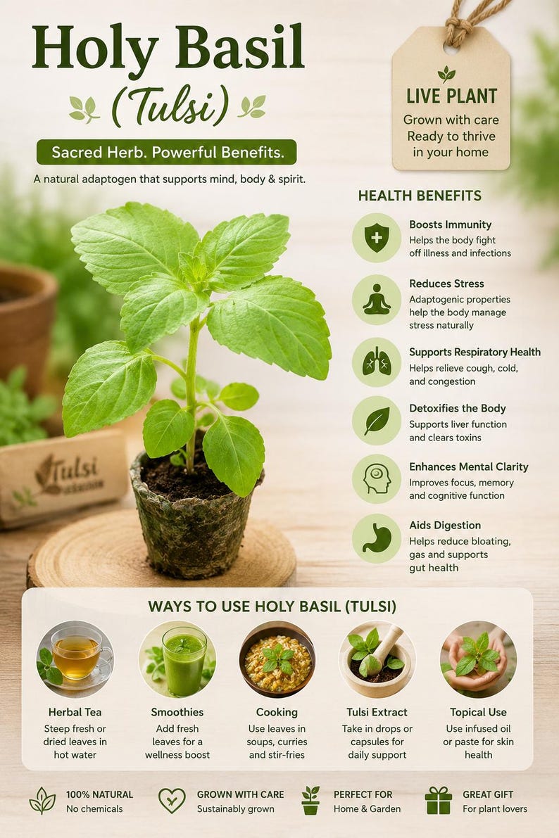 Peut inclure: Image d'un plant de Basilic Sacr&eacute; (Tulsi) avec des feuilles vertes dans un petit pot. Le texte de l'image d&eacute;taille les bienfaits pour la sant&eacute; et les utilisations, comme le th&eacute; aux herbes et les applications topiques. L'image indique &eacute;galement qu'il s'agit d'une plante vivante.