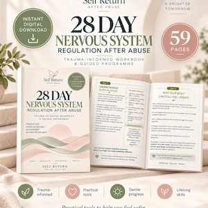 Puede incluir: Un libro de ejercicios de 59 páginas titulado 28 Day Nervous System Regulation After Abuse. La portada y las páginas abiertas muestran texto, un logotipo de mariposa y gráficos en tonos rosa y verde. Incluye herramientas prácticas.