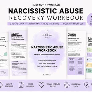 Könnte beinhalten: Ein digitales Arbeitsbuch mit dem Titel "Narcissistic Abuse Recovery Workbook". Das Cover zeigt den Titel in fetten schwarzen Buchstaben mit dem Untertitel "Understand the Patterns, Heal the Impact, Reclaim Yourself". Das Arbeitsbuch enthält 41 Seiten mit geführter Unterstützung.