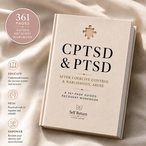 May include: A beige hardcover workbook titled CPTSD & PTSD After Coercive Control & Narcissistic Abuse. The cover features a puzzle piece cutout, a butterfly icon, and the text Self Return After Abuse. It is a 361-page guided recovery workbook.