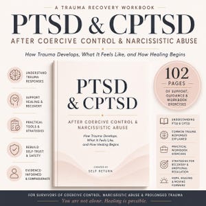 Pode incluir: Um livro de exercícios de recuperação de trauma intitulado PTSD & CPTSD After Coercive Control & Narcissistic Abuse. A capa rosa claro com texto escuro contém 102 páginas de orientação, exercícios e estratégias de cura.