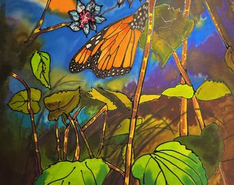 painting of monarch in a sunset on silk