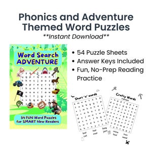 May include: Digital download of phonics and adventure-themed word puzzles. The cover shows a word search with illustrations of a shark, horse, and other adventure-themed images. Includes 54 puzzle sheets, answer keys, and fun, no-prep reading practice.