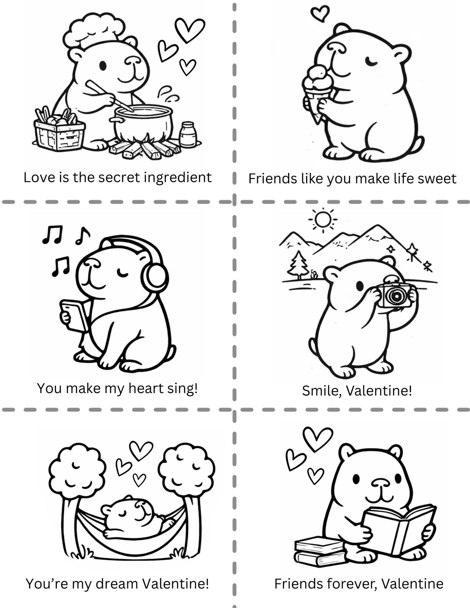 Happy Capy Valentine's Day Printable Capybara Coloring Valentines Cards ...