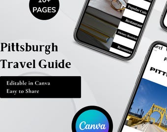 Guía de viaje de Pittsburgh, plantillas de Canva, planificador de viajes móvil, itinerario de viaje, guía de viaje imprimible, vacaciones