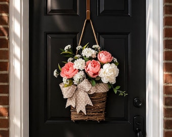 Pink Peony Floral Door Basket | White Blooms, Grapevine, Polka Dot Bow