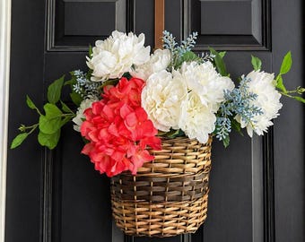 Spring Door Hanger Basket, Front Door Flower Basket, Summer Wreath Alternative, Peony Hydrangea Door Decor, Farmhouse Porch Decor