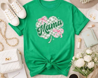 Mama Shamrock Tee | Green Plaid Clover with Pink Bows