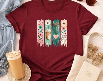 Jesus and Coffee T-Shirt | Cross, Heart, Floral Paneled Design
