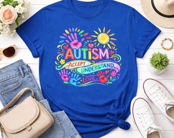 Autism Accept Understand Love Tee | Colorful Handprints, Awareness Design