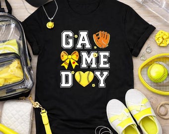 Game Day softball graphic T-Shirt | softball glove bow heart varsity letters