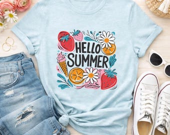 Hello Summer fruit daisies design T-Shirt | summer strawberry orange ice cream tee