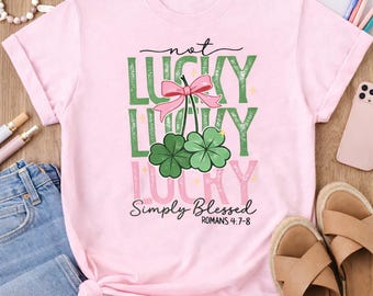 Simply Blessed Tee | Four Leaf Clover, Pink Bow Graphic Shirt