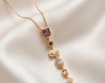 Elegant Gold Plated Necklace with Colorful Gemstones, Minimalist Dangle Necklace, Birthday Gift for Women