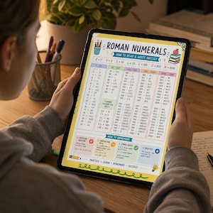 May include: A digital tablet displaying an educational chart titled Roman Numerals, How to Read & Write Quickly. The chart features columns of numbers from 1 to 2000, common subtraction rules, and tips for remembering, all presented in a colourful layout.