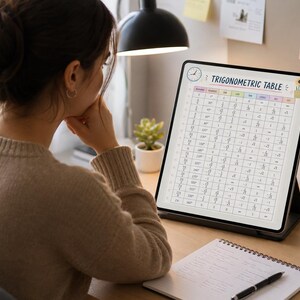 Peut inclure: Une tablette numérique affichant une table trigonométrique avec des lignes et des colonnes de valeurs mathématiques. L'écran présente le texte TRIGONOMETRIC TABLE en haut, accompagné de petites illustrations d'une horloge, d'un tournesol et d'un crayon.