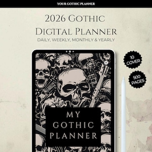 May include: A digital planner with a gothic theme. The cover features a skull design with guitars. The text reads "2026 Gothic Digital Planner" and "My Gothic Planner." Includes 10 covers and 500 pages. A white stylus is next to the tablet.