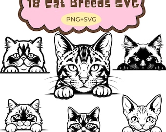 Peeking Cat Breeds SVG Bundle | 18 Cat Faces and Breeds | Cat Clipart for Crafts