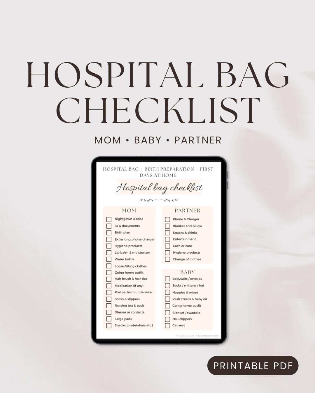 Hospital Bag Checklist Printable | Birth Bag Packing List for Mom Baby ...