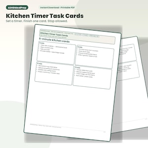 Puede incluir: Un documento PDF imprimible titulado Kitchen Timer Task Cards con el subtítulo Set a timer. Finish one card. Stop allowed. La página contiene cuatro cuadros etiquetados como 5-minute kitchen cards, cada uno con tareas domésticas.