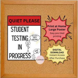 Silenzio, per favore, test in corso, stampabile, poster istantaneo per bacheca, cartello pre-piastrellato per test in classe, decorazione digitale scaricabile con poca preparazione