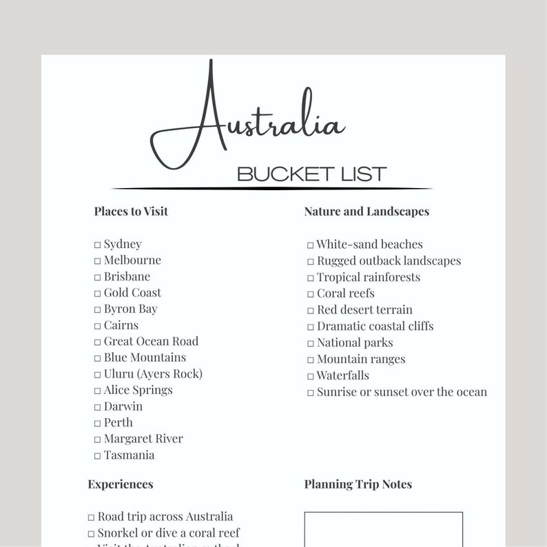 Australia Bucket List Printable | Travel Checklist and Adventure ...