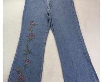 ヴィンテージ フレンチカフ 刺繍入りローズ 16インチ ジーンズ フレア ワイドレッグ 切りっぱなし裾 Y2K ボヘミアン