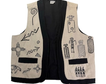 Chaleco de algodón talla XL para hombre de Venus Imports, con diseño tribal nepalí de Zia, arte solar y petroglifos, estilo vintage Y2K.