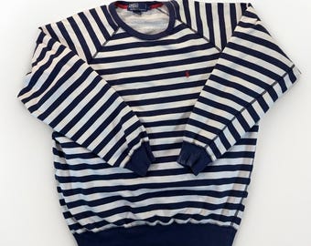 Sudadera vintage Polo Ralph Lauren para hombre, talla L, azul marino a rayas, estilo náutico de los 90 (defecto).