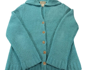 Sigrid Olsen Vintage Y2K Teal Boucle Knit Shawl Collar Cardigan Sweater Petite S