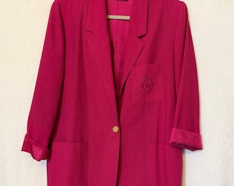 Danielle B VTG Hot Pink Blazer Embroidered Crest Gold Button Stained M USA