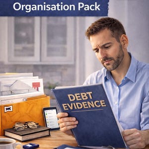 Könnte beinhalten: Ein Mann betrachtet ein Dokument mit der Aufschrift „DEBT EVIDENCE“ aus einem Dokumentenorganisationspaket. Das Bild enthält eine UK-Flagge, ein Smartphone, eine Tasse Kaffee und andere Dokumente. Der Text „DEBT EVIDENCE & Document Organisation Pack“ steht oben.