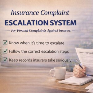 May include: A man examines insurance complaint documents. The image includes text detailing an "Escalation System" for formal complaints against insurers. A mug and notepad are on the table. The text also mentions UK insurance complaints.