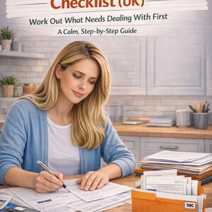May include: A person is writing on paperwork at a desk. The image shows a book titled "Debt Prioritisation Checklist (UK)" and the text "Sort Your Debts by Urgency." A calculator and file folders are also visible.